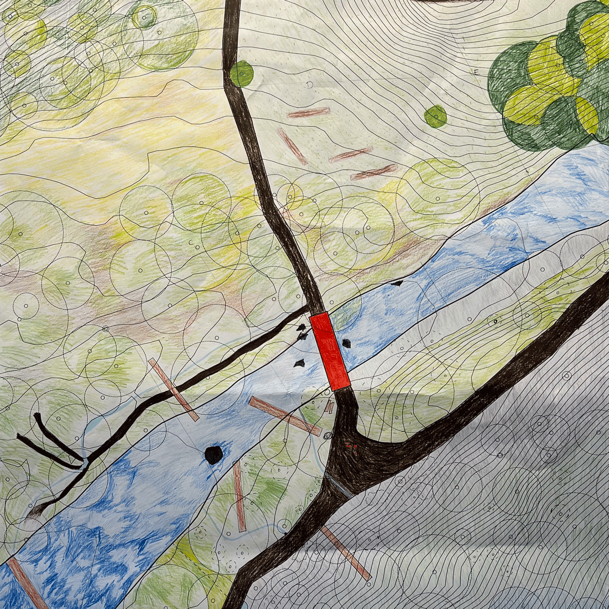 Tegning av Alnaelva ovenifra.