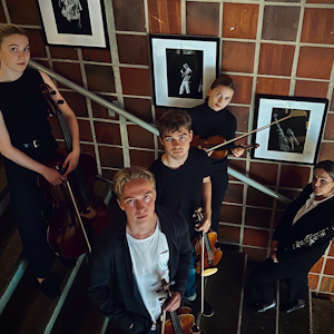 Klarinettkvintett til konsert 10. november står med instrumenter i en trapp og ser opp på fotografen.