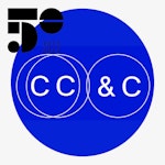 Blå logo til CEMPEs avslutningskonferanse, CC&C, inni ramme med jubileumslogo.
