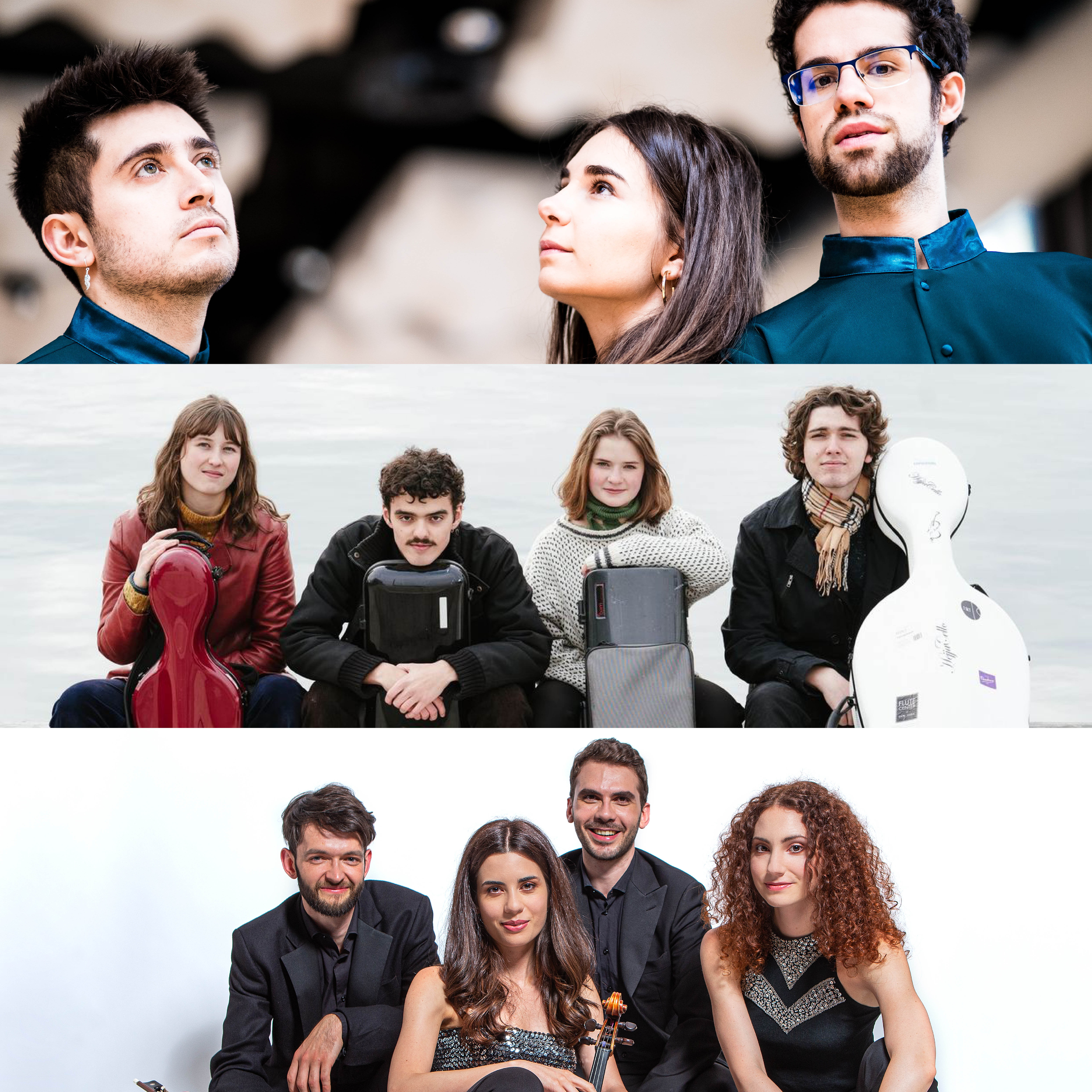 Kollasj av Helix Trio, Quartet VIVE og Quartetto Werther.