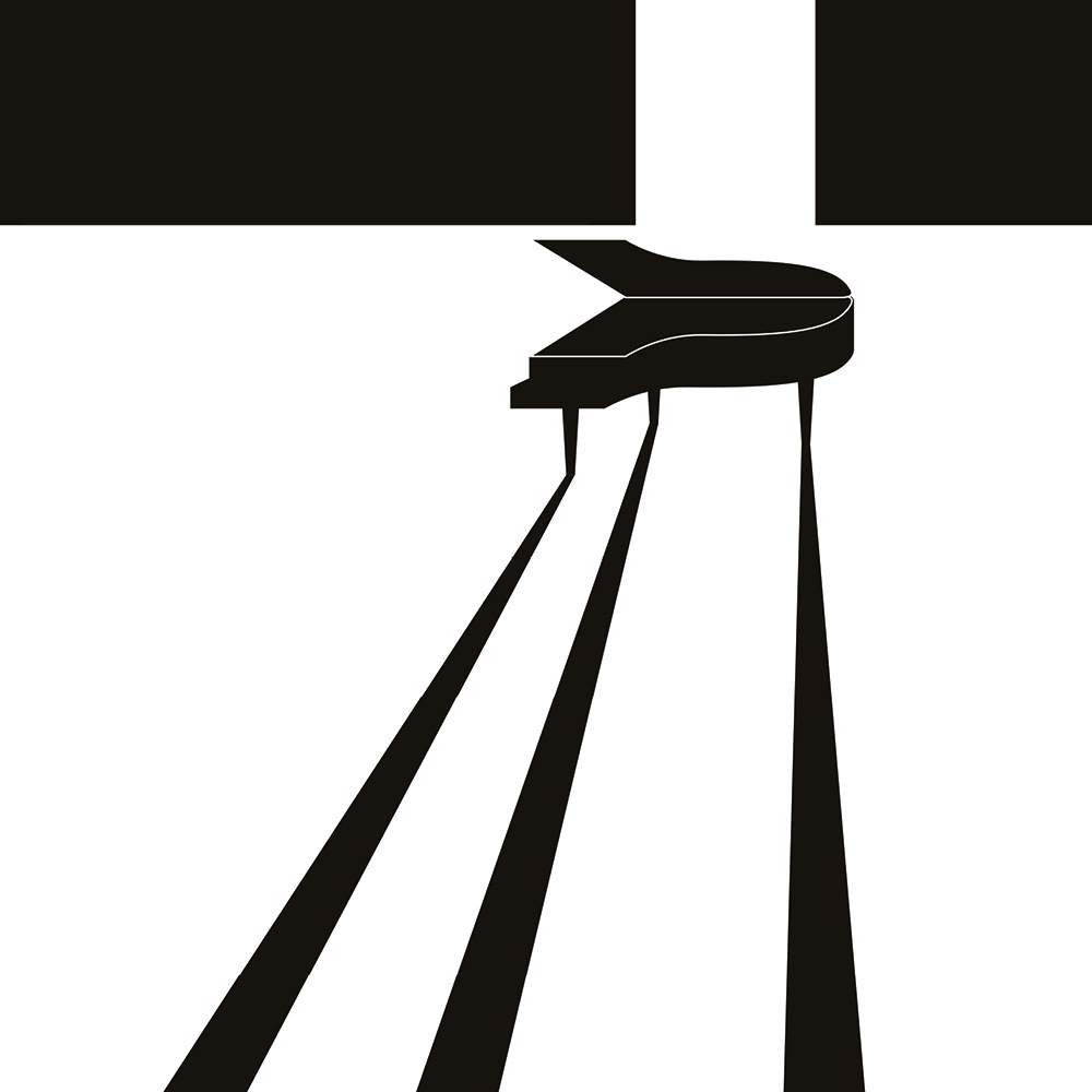 Svart-hvitt illustrasjon av et flygel som kaster skygge frem på gulvet.