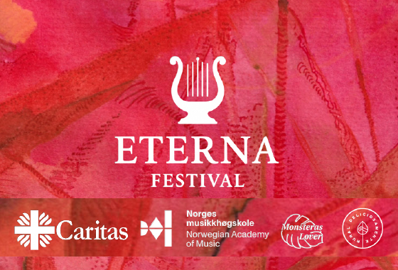 Logoen til Eternafestivalen, med harpeillustrasjon, pluss logoene til Caritas, NMH, Monsteras Lover, Rural Deliciosamente.