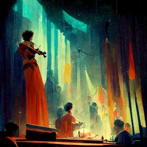 Ai-generelt fargerikt bilde i maleriaktig stil, av en fiolinist og andre musikere som står på en scene.