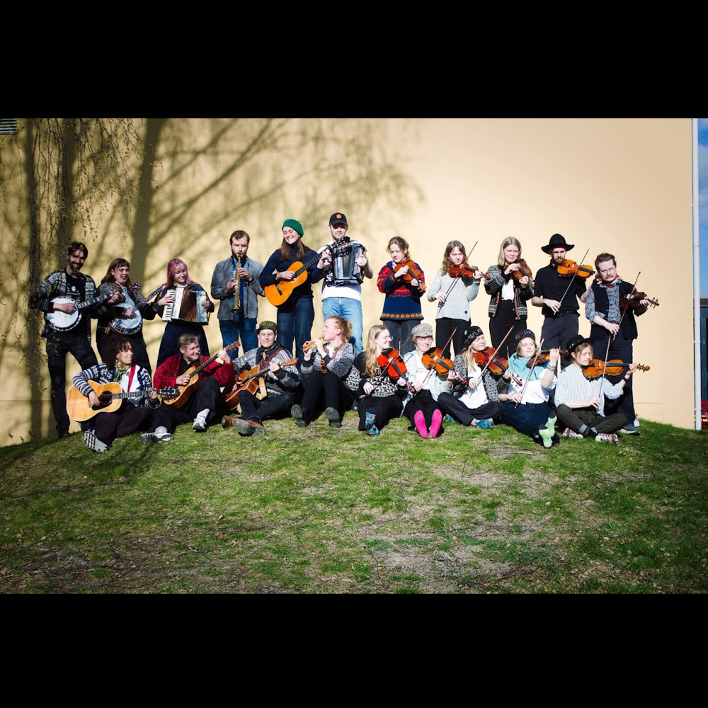 Musikerne i Flatlusa spellemannslag står på en bakketopp med instrumenter i hendene.