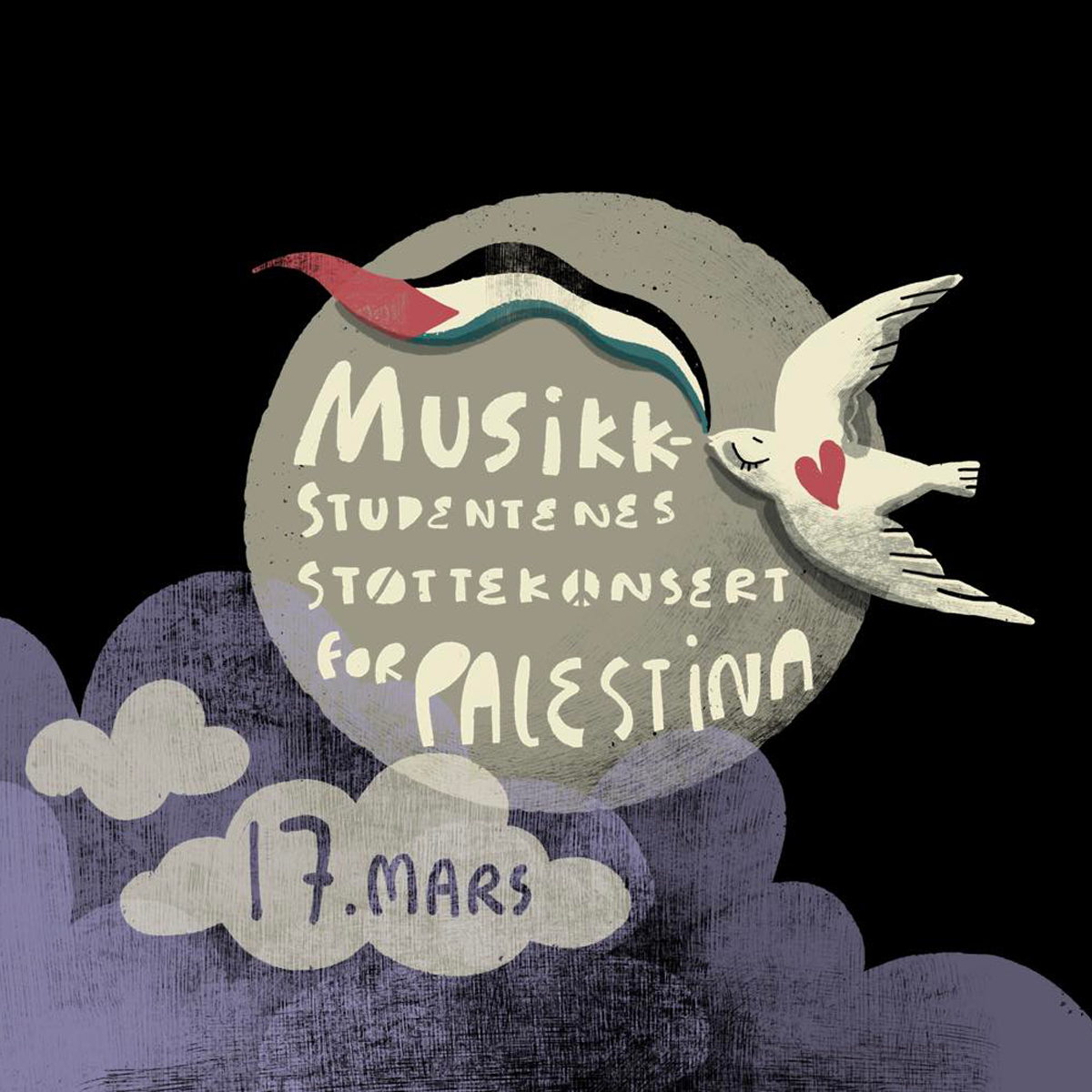 Plakat til støttekonsert for Palestina med teksten: "Musikkstudentenes støttekonsert for Palesting. 17. mars". Med en fugl som flyr foran en måne med skyer, og med det palestinske flagget i munnen