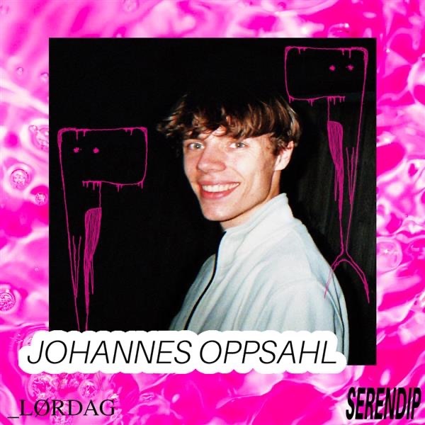 Portrett av Johannes Opsahl med rosa Serendip-grafikk.