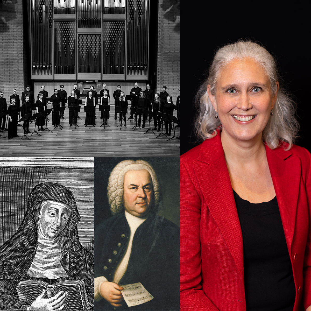 Kollasj av NMHs kammerkor, Vivianne Sydnes, Bach og Hildegard von Bingen.