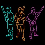 Digital tegning av tre fagottister ved siden av hverandre, i lyseblå, orange og rosa. Kun konturene synes, oppå svart bakgrunn.