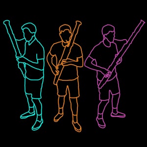 Digital tegning av tre fagottister ved siden av hverandre, i lyseblå, orange og rosa. Kun konturene synes, oppå svart bakgrunn.