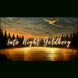 Konsertplakat til konserten Late Night Goldberg, med konsertittel i glødende tekst over en innsjø med skog i solnedgang.