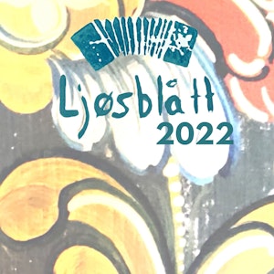 Logo for Ljøsblått 2022, med potettrykk av torader og tittel oppå rosemaling i gult og rosa.