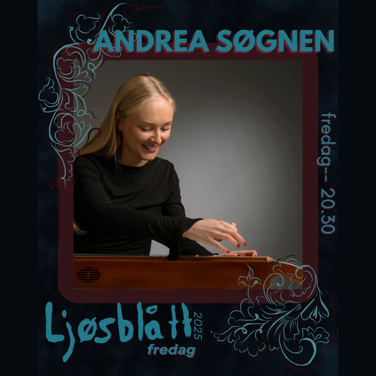 Andrea Søgnen spiller langeleik, med Ljøsblått-grafikk.