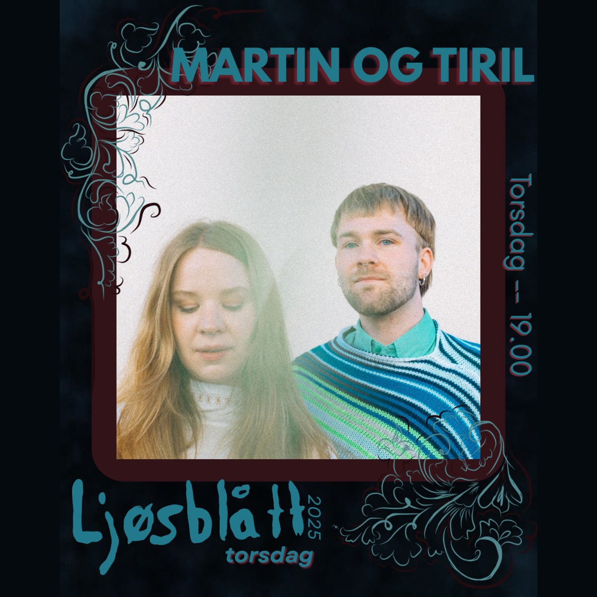 Portrett av Tiril Eirunn Einarsdotter og Martin Steinum Brun i duse farger, med Ljøsblått-grafikk.