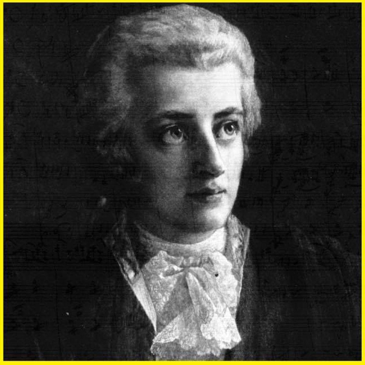 Portrett av Mozart i svarthvitt, med gul ramme.
