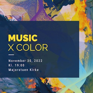 Plakat til konserten Music x Color, med tekst med tid og sted på blå bakgrunn oppå fargerikt mønster.