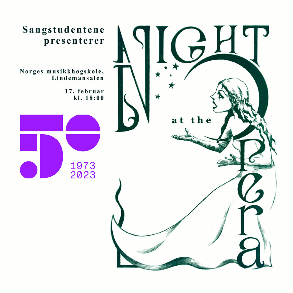 Plakat til Night at the Opera med teksten "Sangstudentene presenterer", pluss konsertens navn, tid og sted. Jubileumslogo oppå.