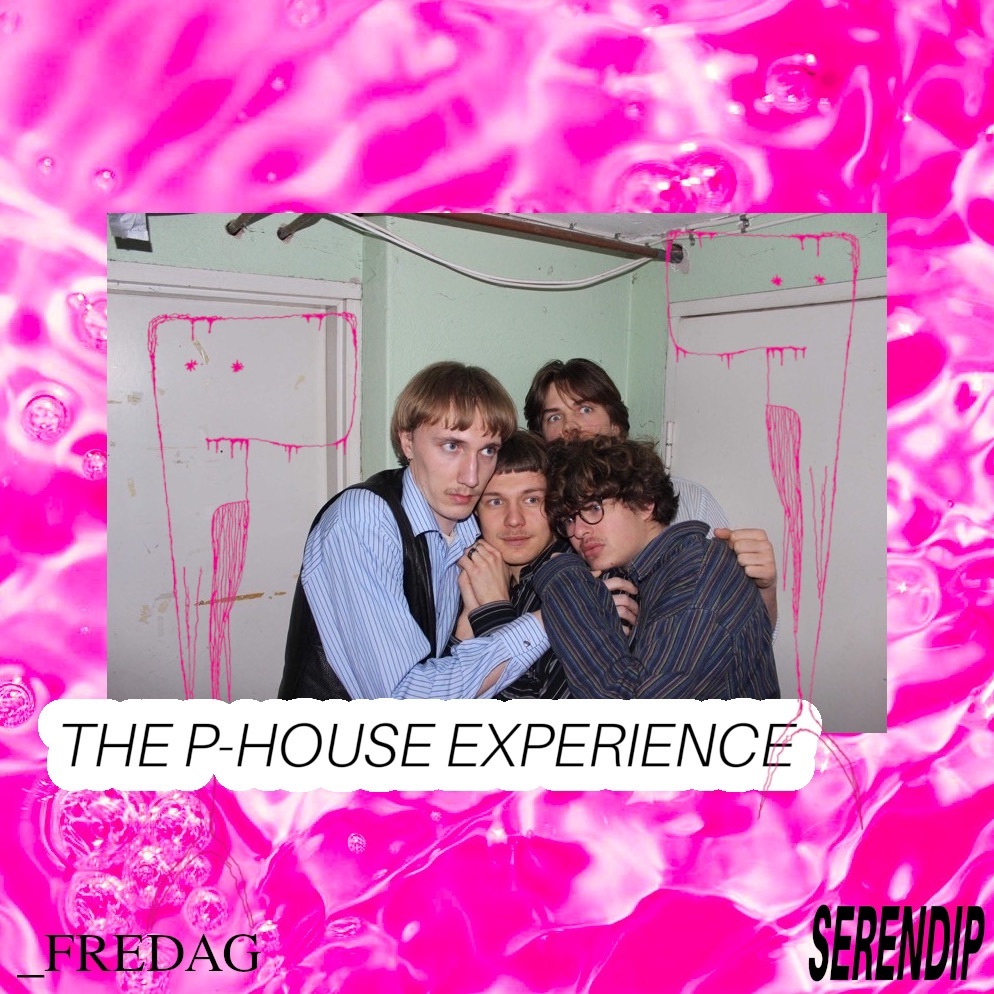 Bandet The P-House Experience står i en klynge, med rosa Serendip-grafikk.