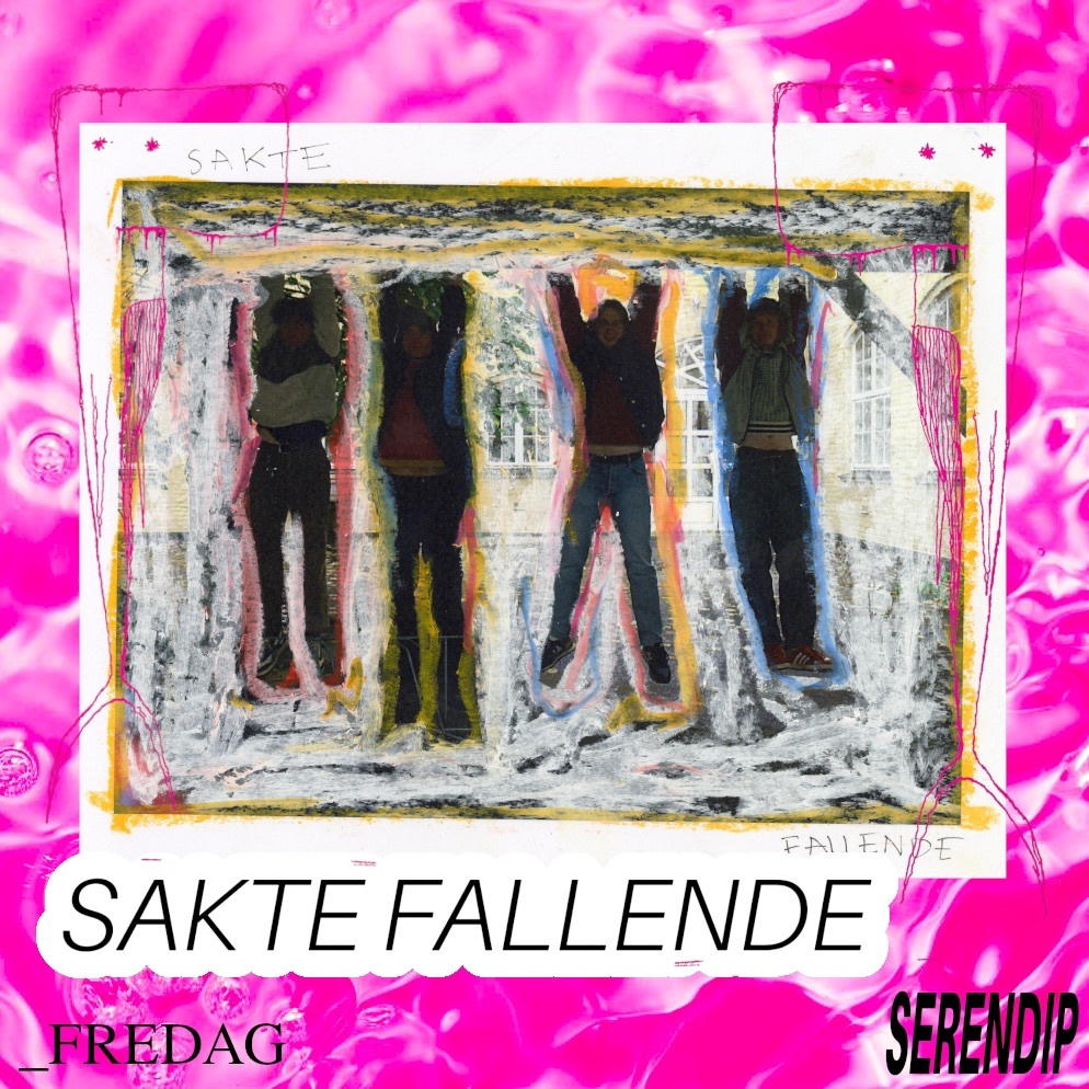 Bandet Sakte fallende med bandnavn og Serendip-grafikk, samt teksten "fredag" og "Serendip".