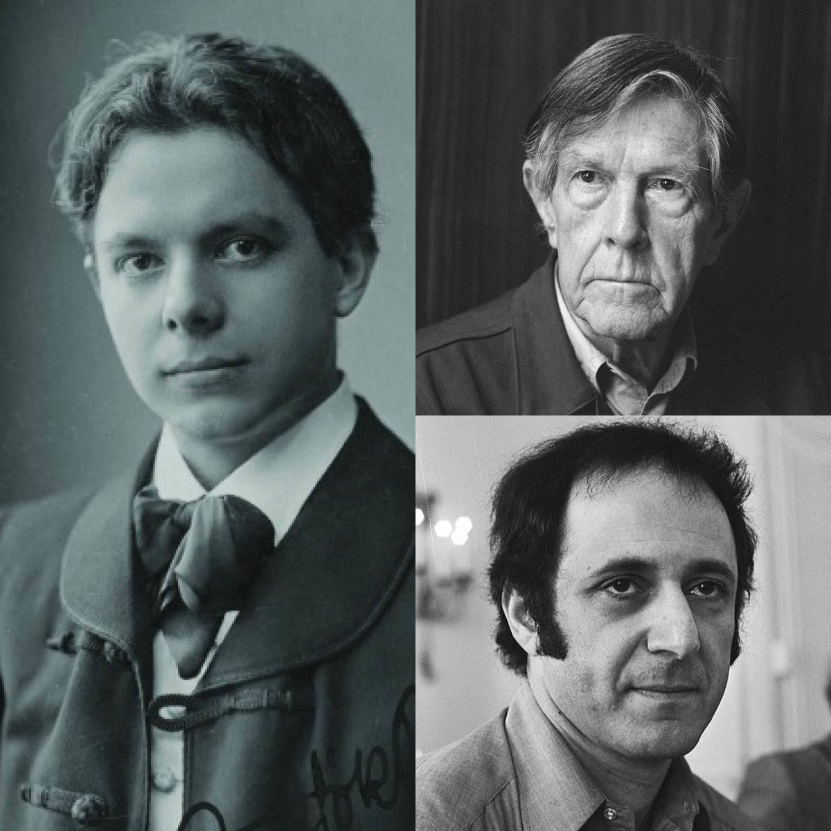 Kollasj av Bartók, Reich og Cage.