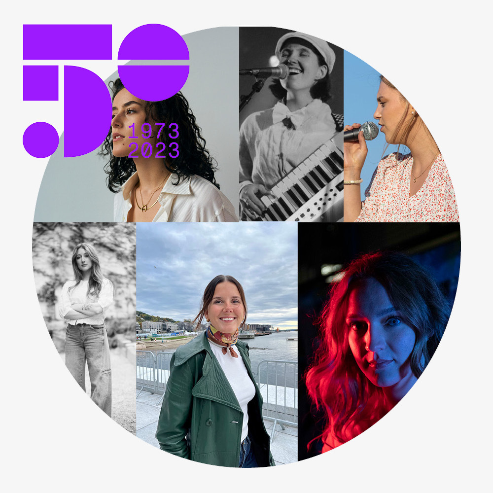 Kollasj i jubileumsramme av studenter i faget Sanger, sangskriver: Nadia Essahli, Leah Engevold, Emilie Iversen, Esther Nystrøm, Vilde Aakre Lie og Elise Sløgedal.