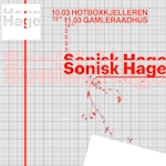 Plakat til Sonisk hage 2023 i rød og lysegrå farger, i teksten står det tittel, tid og sted.