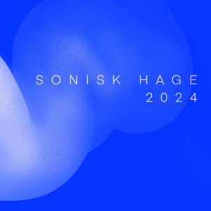 Knall blå plakat til Sonisk hage 2024, med en slags hvit røyksky som skyter bort fra bildet bak teksten.