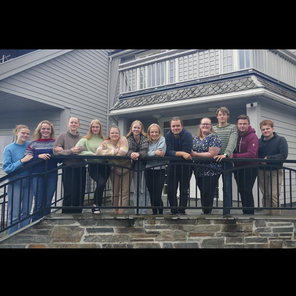 Musikerne i Strengjarhaugen spellemannslag står på rad og lener seg på et rekkverk foran et hus.