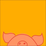 Illustrasjon av gris som titter opp nederst på bildet, over gul bakgrunn.