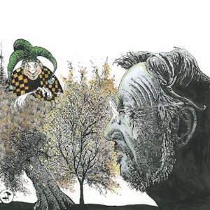 Tegning av Trygve Madsen med et tre og en narr oppi treet.