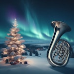 AI-generert bilde av et juletre på snødekt landskap med nordlys på himmelen, og en kjempesvær tuba i front.