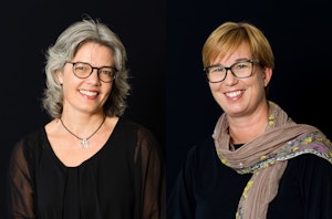 Smiling portraits of Astrid Kvalbein og Sidsel Karlsen. Dark background